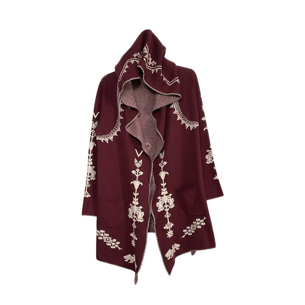 MAXSPORT Open Front Hooded Wool Cardigan Sweater Women Size Small Red/Cream Boho